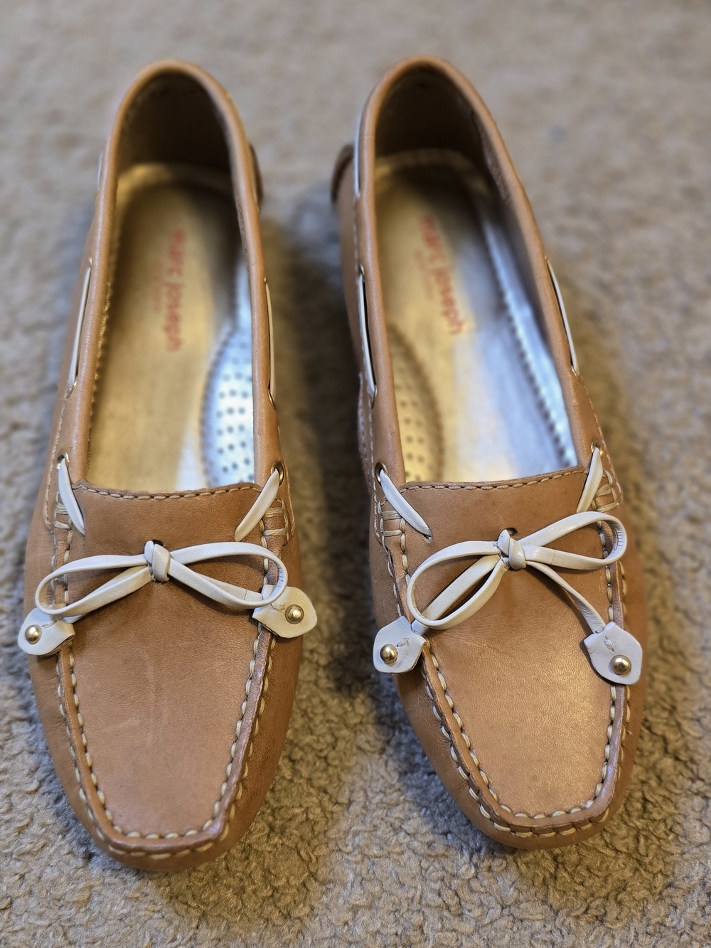 Marc Joseph Tan Leather Moccasin Loafers with Cream Bow